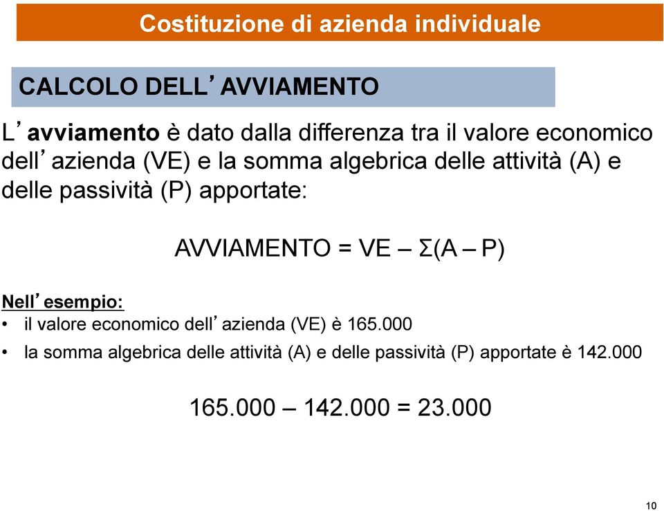 apportate: AVVIAMENTO = VE Σ(A P) Nell esempio: il valore economico dell azienda (VE) è 165.