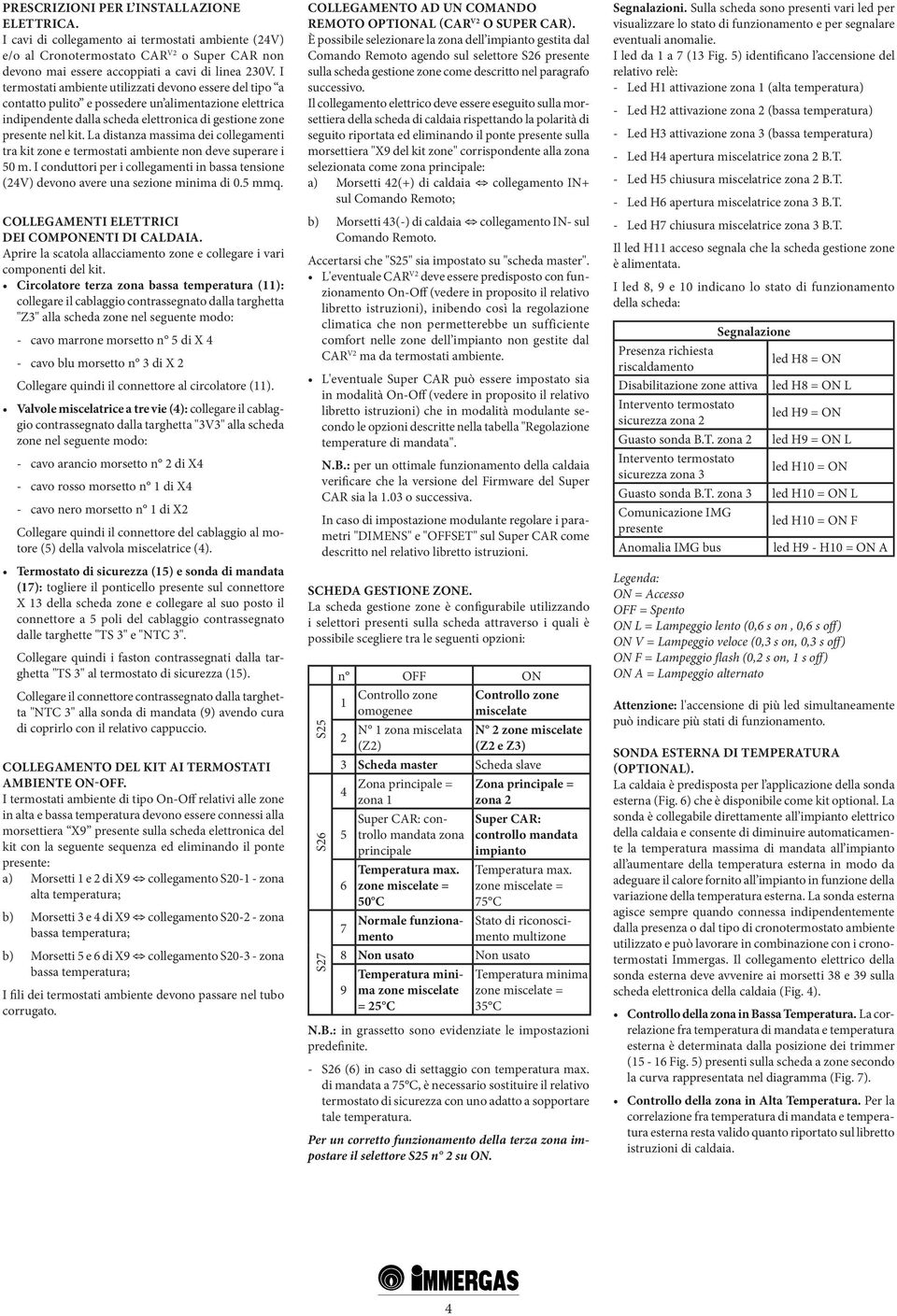 La distanza massima dei collegamenti tra kit zone e termostati ambiente non deve superare i 50 m. I conduttori per i collegamenti in bassa tensione (24V) devono avere una sezione minima di 0.5 mmq.