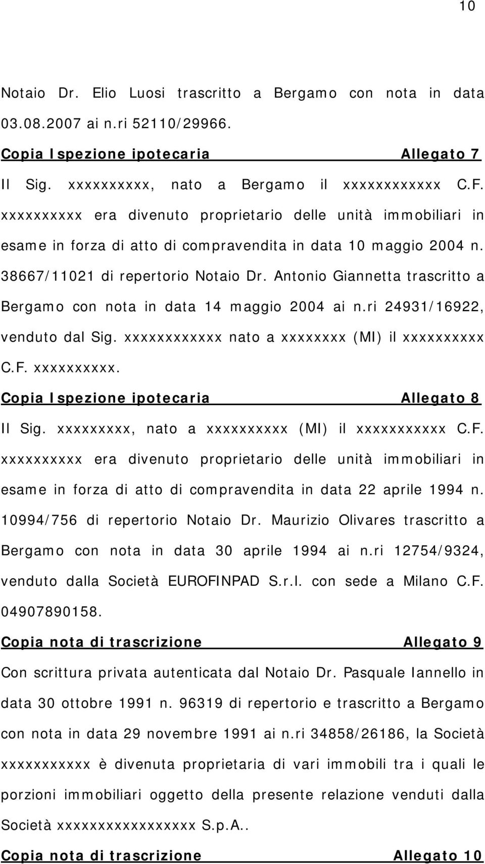 Antonio Giannetta trascritto a Bergamo con nota in data 14 maggio 2004 ai n.ri 24931/16922, venduto dal Sig. xxxxxxxxxxxx nato a xxxxxxxx (MI) il xxxxxxxxxx C.F. xxxxxxxxxx. Copia Ispezione ipotecaria Allegato 8 Il Sig.