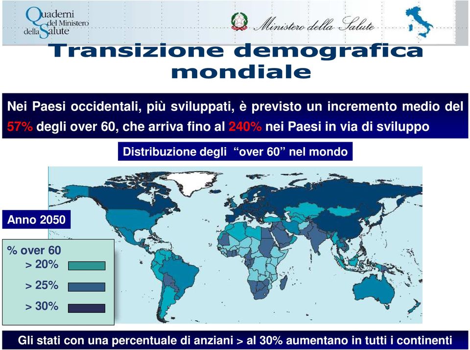 Distribuzione degli over 60 nel mondo Anno 2009 2050 % over 60 > 20% > 25% >