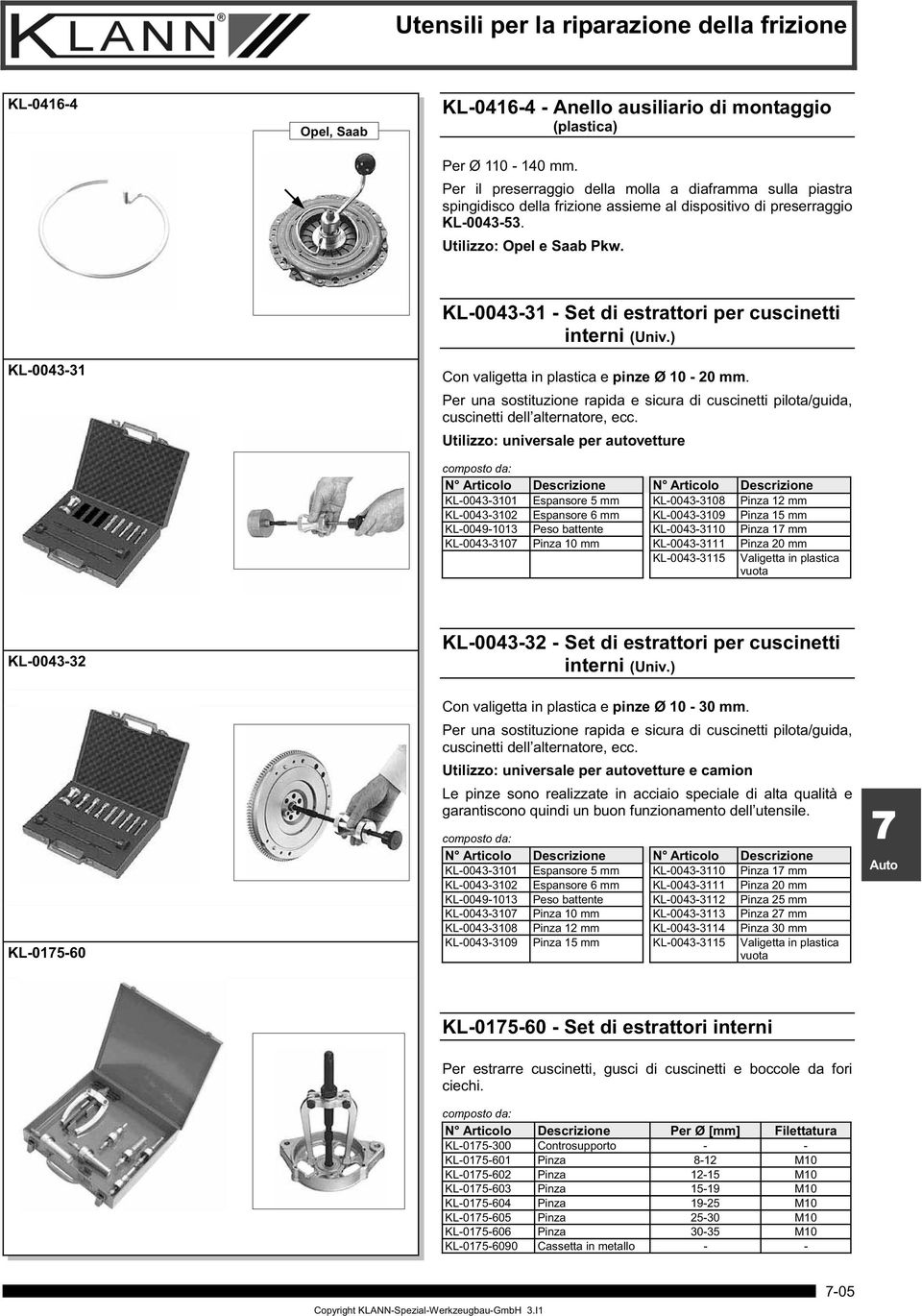 KL-0043-31 KL-0043-31 - Set di estrattori per cuscinetti interni (Univ.) Con valigetta in plastica e pinze Ø 10-20 mm.