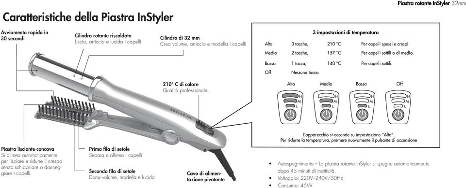 Bassa 1 tacca, 140 C Per capelli sottili. Off Nessuna tacca 210 C di calore Qualità professionale Alta Media Bassa Off L apparecchio si accende su impostazione Alta.