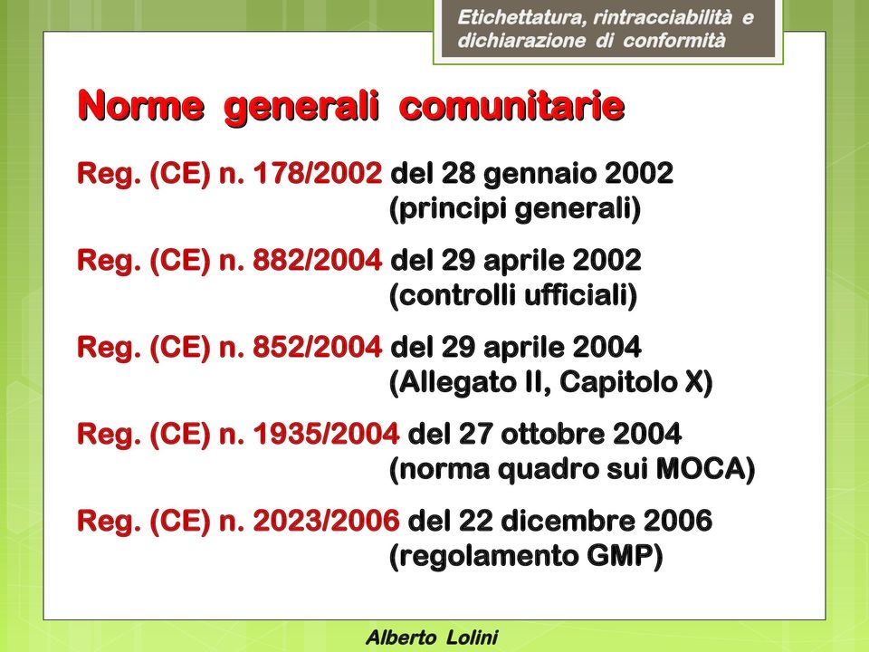 882/2004 del 29 aprile 2002 (controlli ufficiali) Reg. (CE) n.