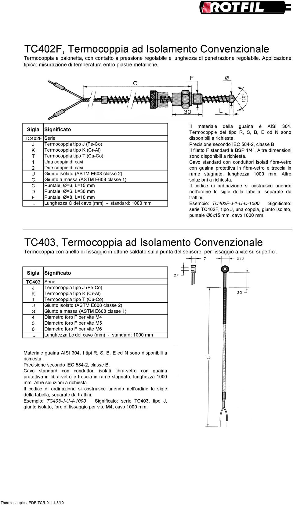 C402F 1 2 C D F ermocoppia tipo (Fe-Co) ermocoppia tipo (Cr-Al) ermocoppia tipo (Cu-Co) na coppia di cavi Due coppie di cavi iunto isolato (ASM E608 classe 2) iunto a massa (ASM E608 classe 1)