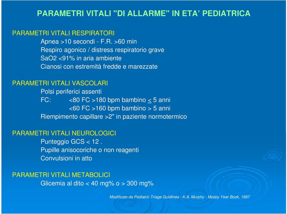 >160 bpm bambino > 5 anni Riempimento capillare >2" in paziente normotermico PARAMETRI VITALI NEUROLOGICI Punteggio GCS < 12.