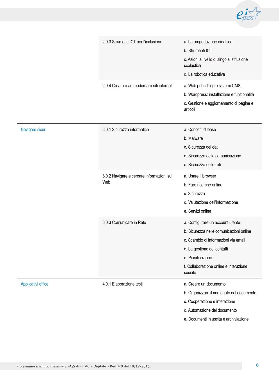 Sicurezza dei dati d. Sicurezza della comunicazione e. Sicurezza delle reti 3.0.2 Navigare e cercare informazioni sul Web a. Usare il browser b. Fare ricerche online c. Sicurezza d. Valutazione dell informazione e.