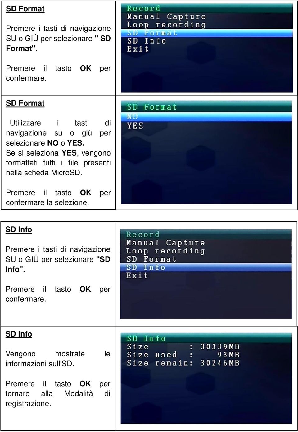 Se si seleziona YES, vengono formattati tutti i file presenti nella scheda MicroSD.