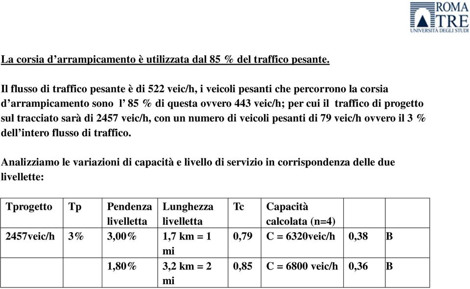 traffico di progetto sul tracciato sarà di 2457 veic/h, con un numero di veicoli pesanti di 79 veic/h ovvero il 3 % dell intero flusso di traffico.