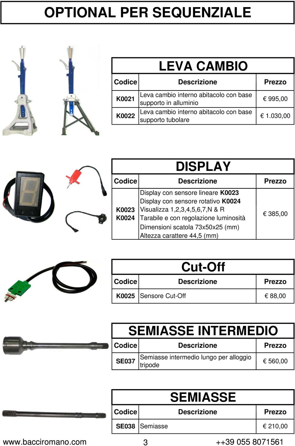 030,00 DISPLAY Prezzo K0023 K0024 Display con sensore lineare K0023 Display con sensore rotativo K0024 Visualizza 1,2,3,4,5,6,7,N & R Tarabile e con