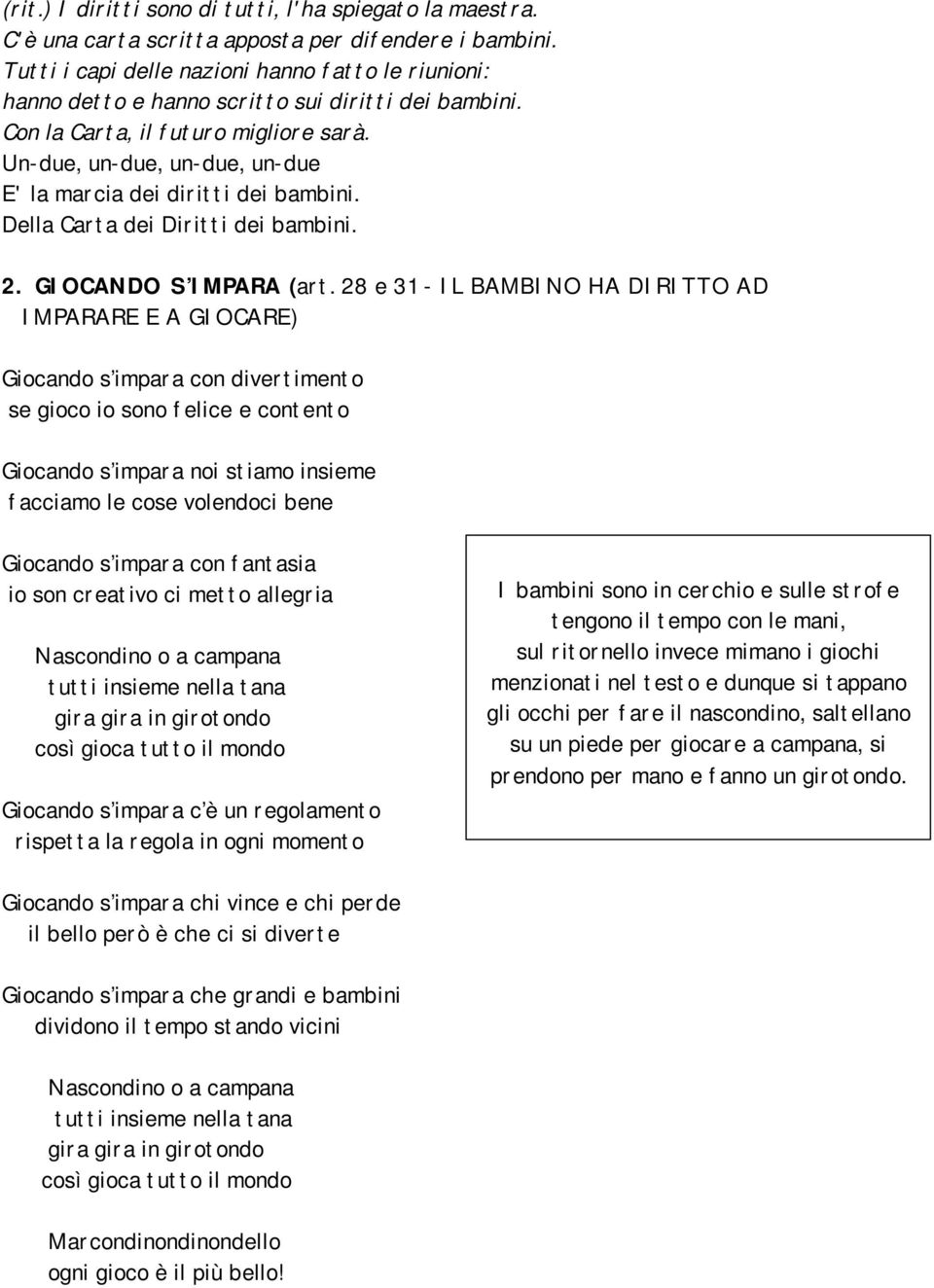 Un-due, un-due, un-due, un-due E' la marcia dei diritti dei bambini. Della Carta dei Diritti dei bambini. 2. GIOCANDO S IMPARA (art.