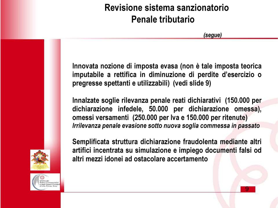 000 per dichiarazione infedele, 50.000 per dichiarazione omessa), omessi versamenti (250.000 per Iva e 150.