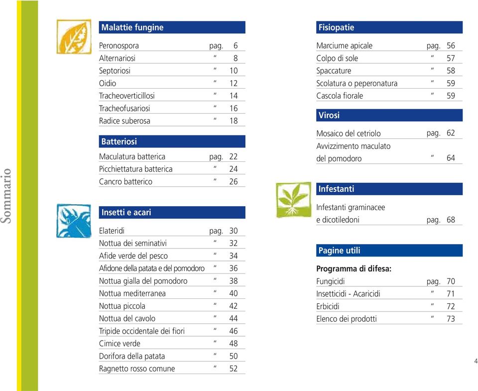 Maculatura batterica Picchiettatura batterica Cancro batterico Insetti e acari Elateridi 16 18 pag. 22 24 26 pag. 30 Virosi Mosaico del cetriolo pag.