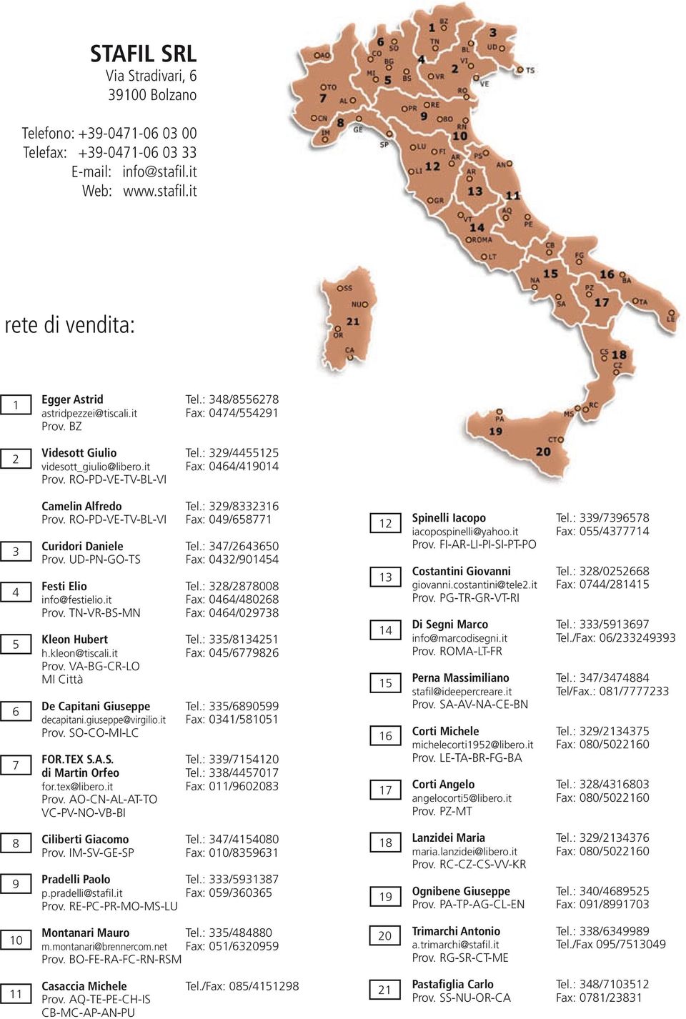 UD-PN-GO-TS Tel.: 347/2643650 Fax: 0432/901454 Festi Elio info@festielio.it Prov. TN-VR-BS-MN Tel.: 328/2878008 Fax: 0464/480268 Fax: 0464/029738 Kleon Hubert h.kleon@tiscali.it Prov. VA-BG-CR-LO MI Città Tel.