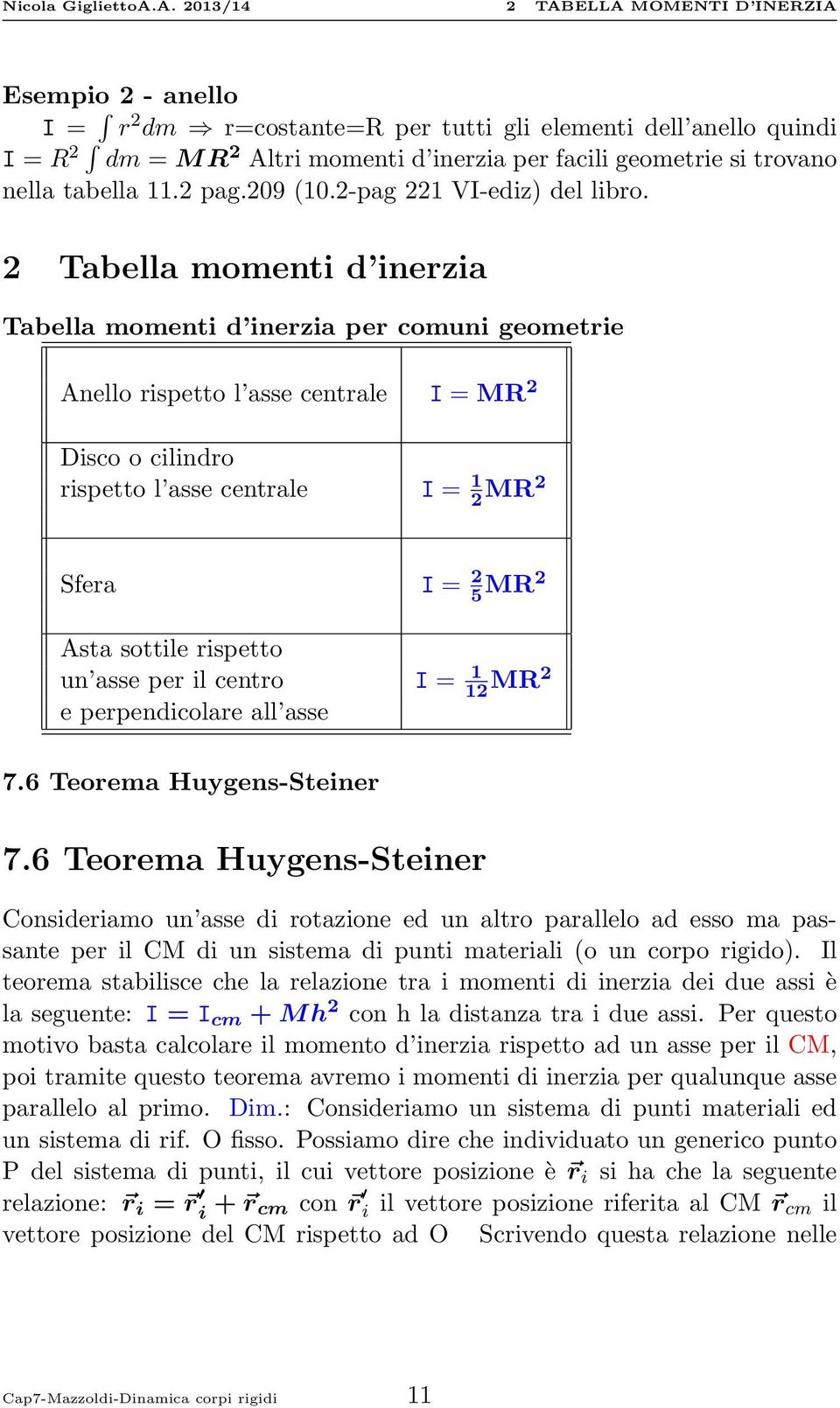 2 Tabella momenti d inerzia Tabella momenti d inerzia per comuni geometrie Anello rispetto l asse centrale I = MR 2 Disco o cilindro rispetto l asse centrale I = 1 2 MR2 Sfera I = 2 5 MR2 Asta