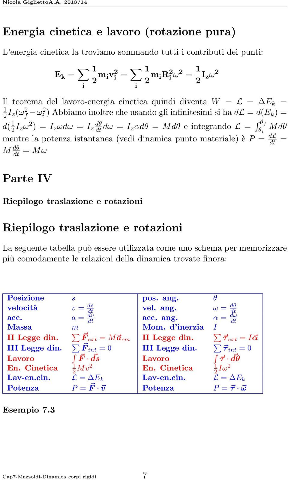 Mdθ mentre la potenza istantanea (vedi dinamica punto materiale) è P = dl = M dθ = Mω Parte IV Riepilogo traslazione e rotazioni Riepilogo traslazione e rotazioni La seguente tabella può essere