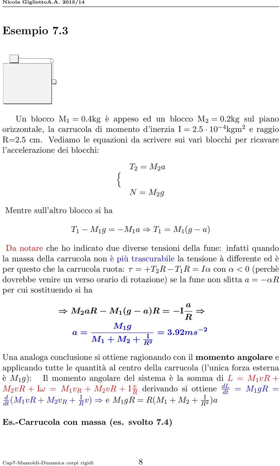 indicato due diverse tensioni della fune: infatti quando la massa della carrucola non è più trascurabile la tensione à differente ed è per questo che la carrucola ruota: τ = +T 2 R T 1 R = Iα con α <