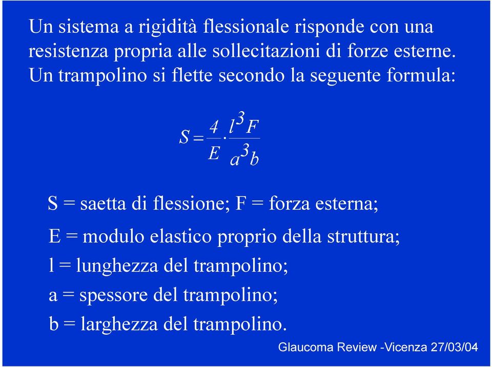 Un trampolino si flette secondo la seguente formula: S = saetta di flessione; F =