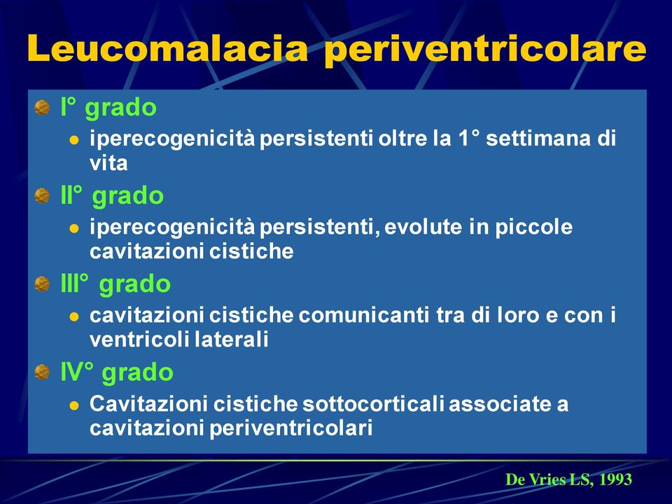 grado cavitazioni cistiche comunicanti tra di loro e con i ventricoli laterali IV grado