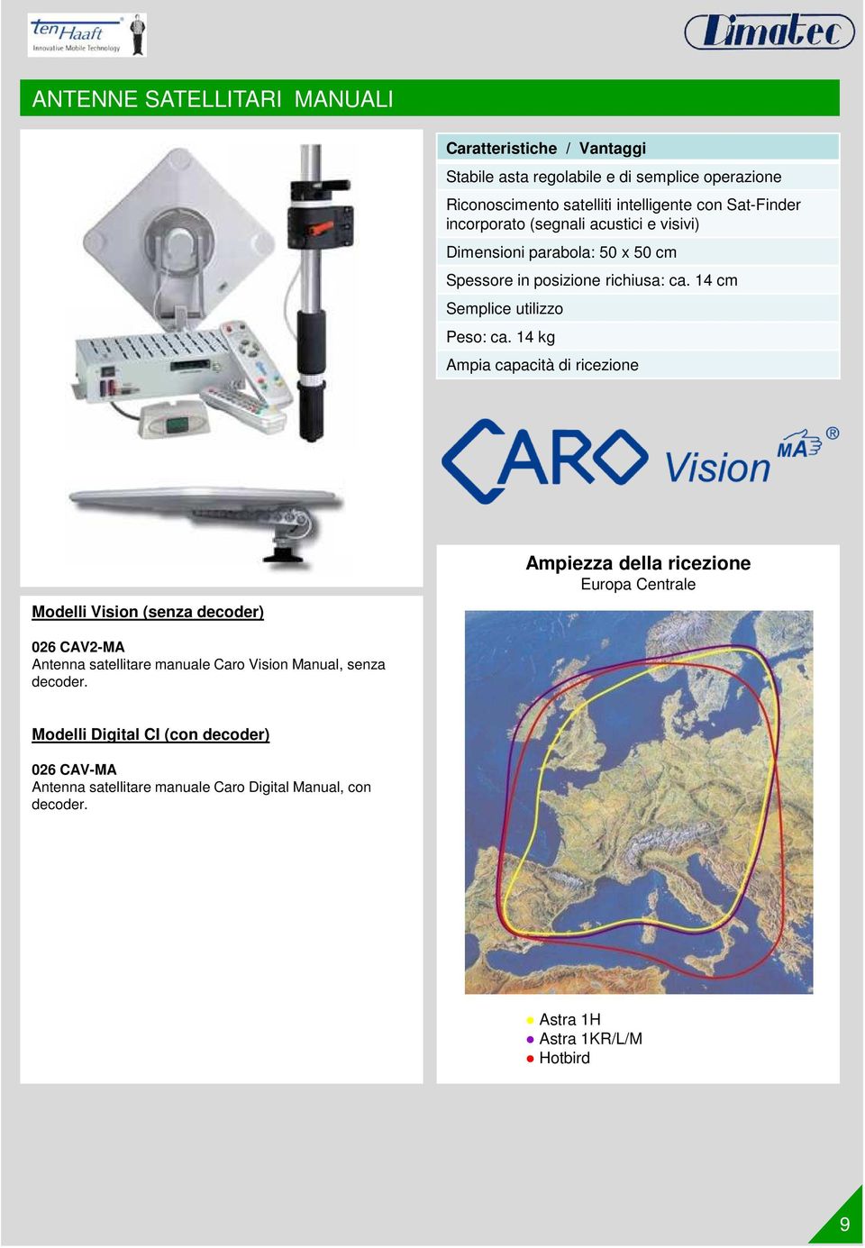 14 kg Ampia capacità di ricezione Modelli Vision (senza decoder) Ampiezza della ricezione Europa Centrale 026 CAV2-MA Antenna satellitare manuale Caro