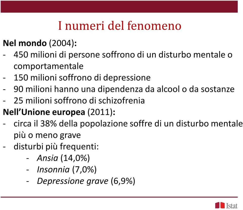 sostanze - 25 milioni soffrono di schizofrenia Nell Unione europea (2011): - circa il 38% della popolazione