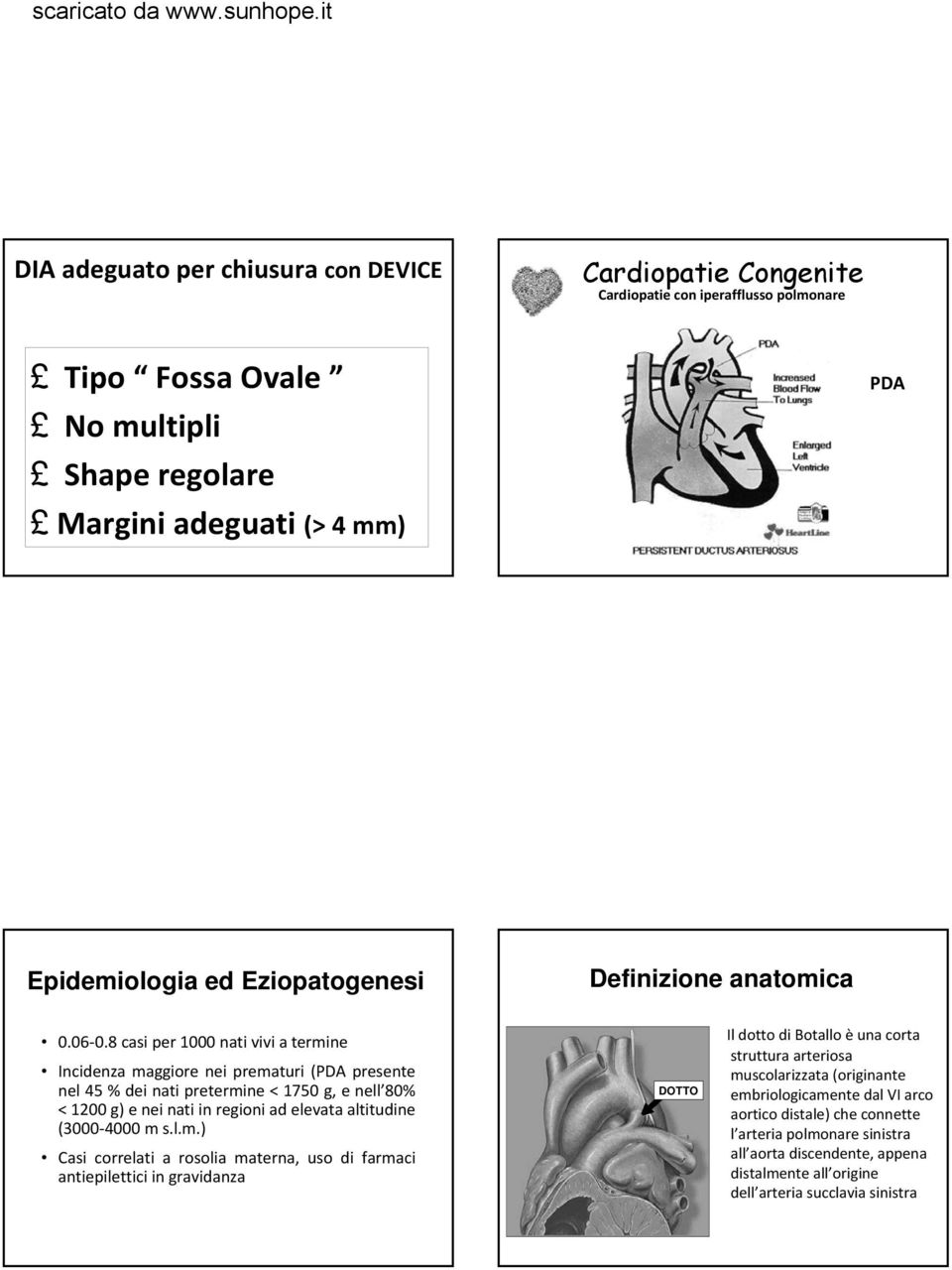 8 casi per 1000 nati vivi a termine Incidenza maggiore nei prematuri (PDA presente nel 45 % dei nati pretermine < 1750 g, e nell 80% < 1200 g) e nei nati in regioni ad elevata altitudine