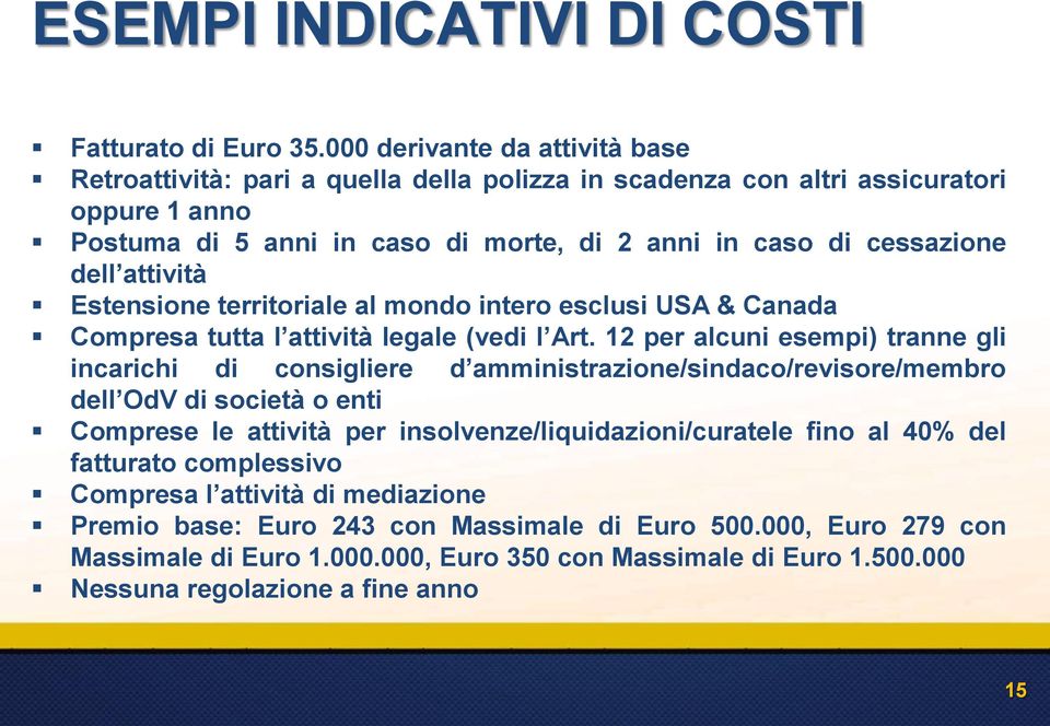 attività Estensione territoriale al mondo intero esclusi USA & Canada Compresa tutta l attività legale (vedi l Art.