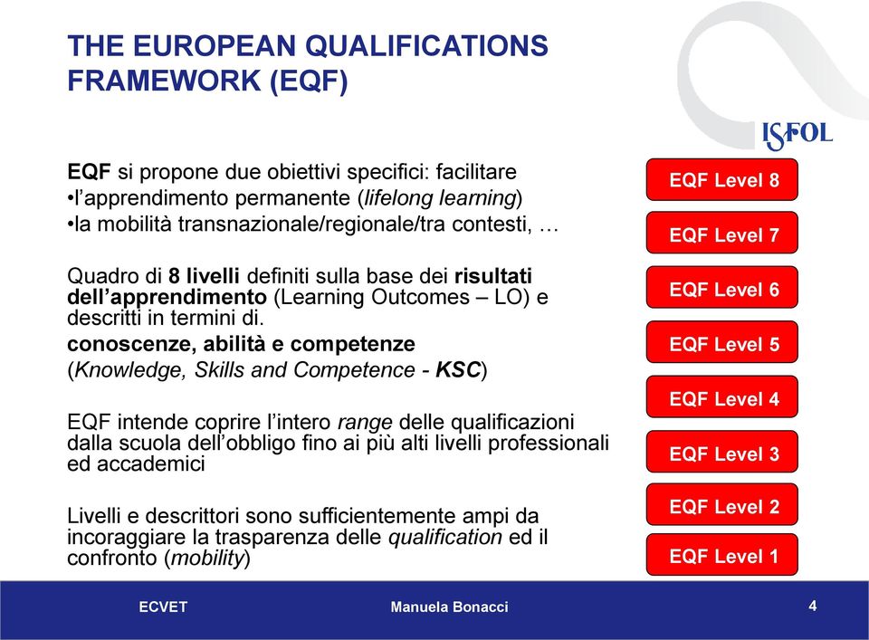 conoscenze, abilità e competenze (Knowledge, Skills and Competence - KSC) EQF intende coprire l intero range delle qualificazioni dalla scuola dell obbligo fino ai più alti livelli