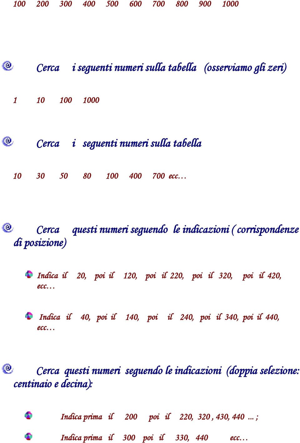 120, poi il 220, poi il 320, poi il 420, ecc Indica il 40, poi il 140, poi il 240, poi il 340, poi il 440, ecc Cerca questi numeri seguendo