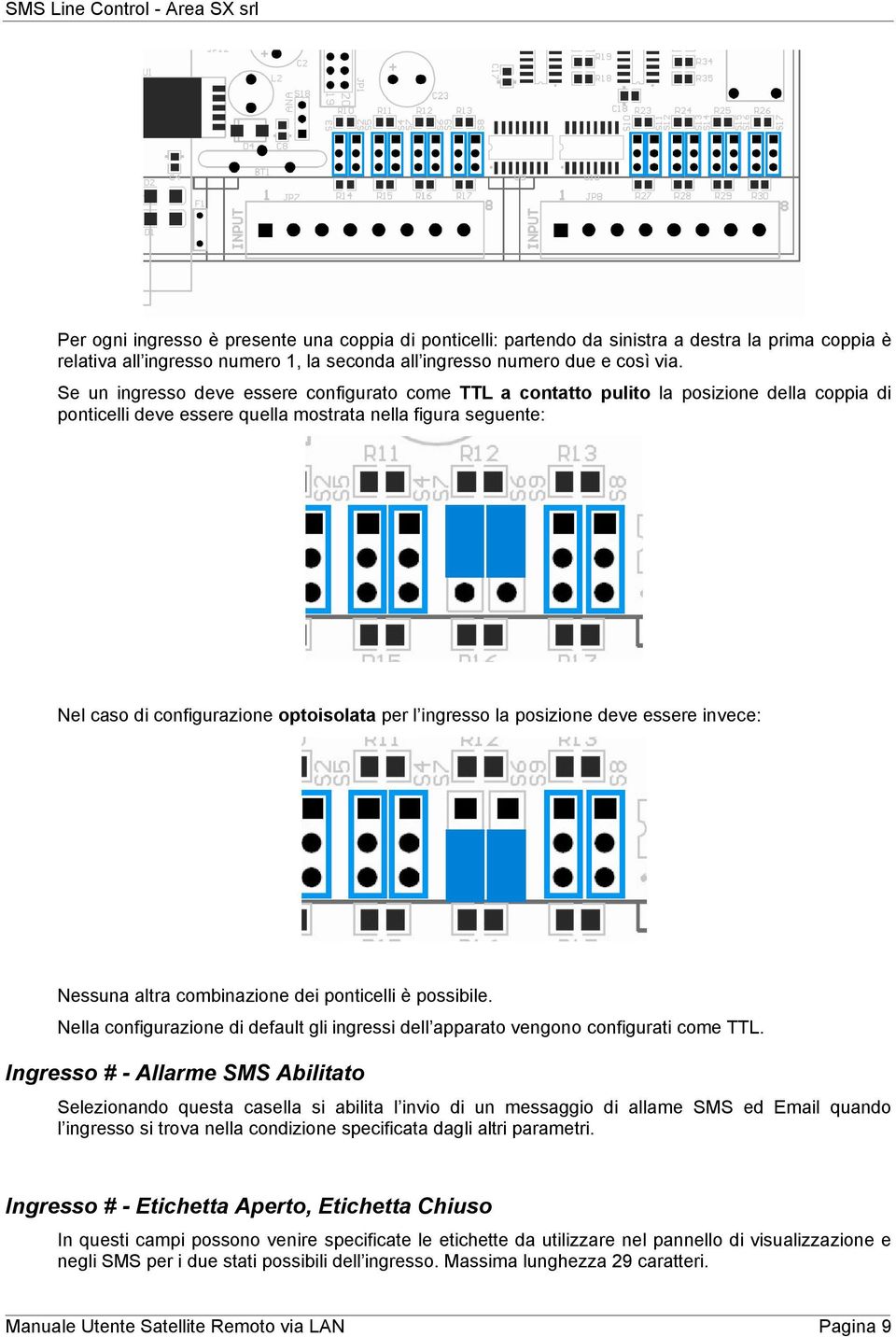 l ingresso la posizione deve essere invece: Nessuna altra combinazione dei ponticelli è possibile. Nella configurazione di default gli ingressi dell apparato vengono configurati come TTL.