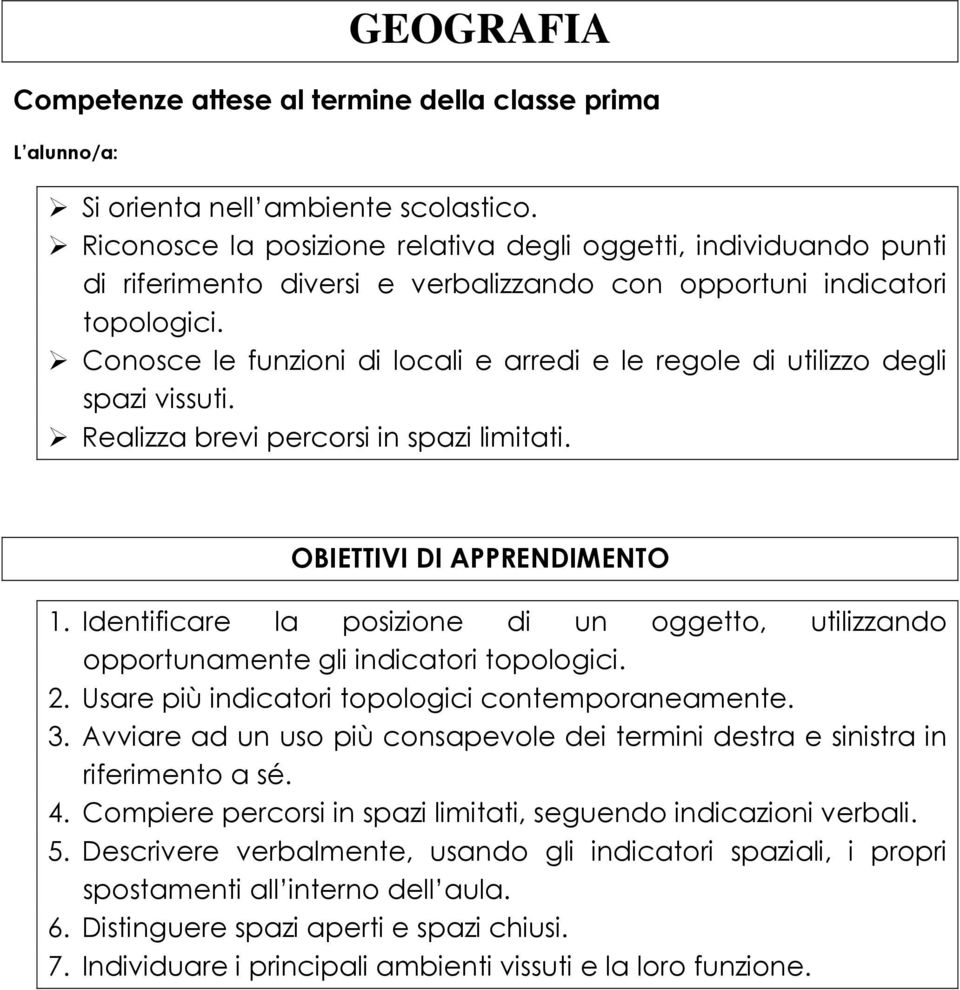 Identificare la posizione di un oggetto, utilizzando opportunamente gli indicatori topologici. 2. Usare più indicatori topologici contemporaneamente. 3.