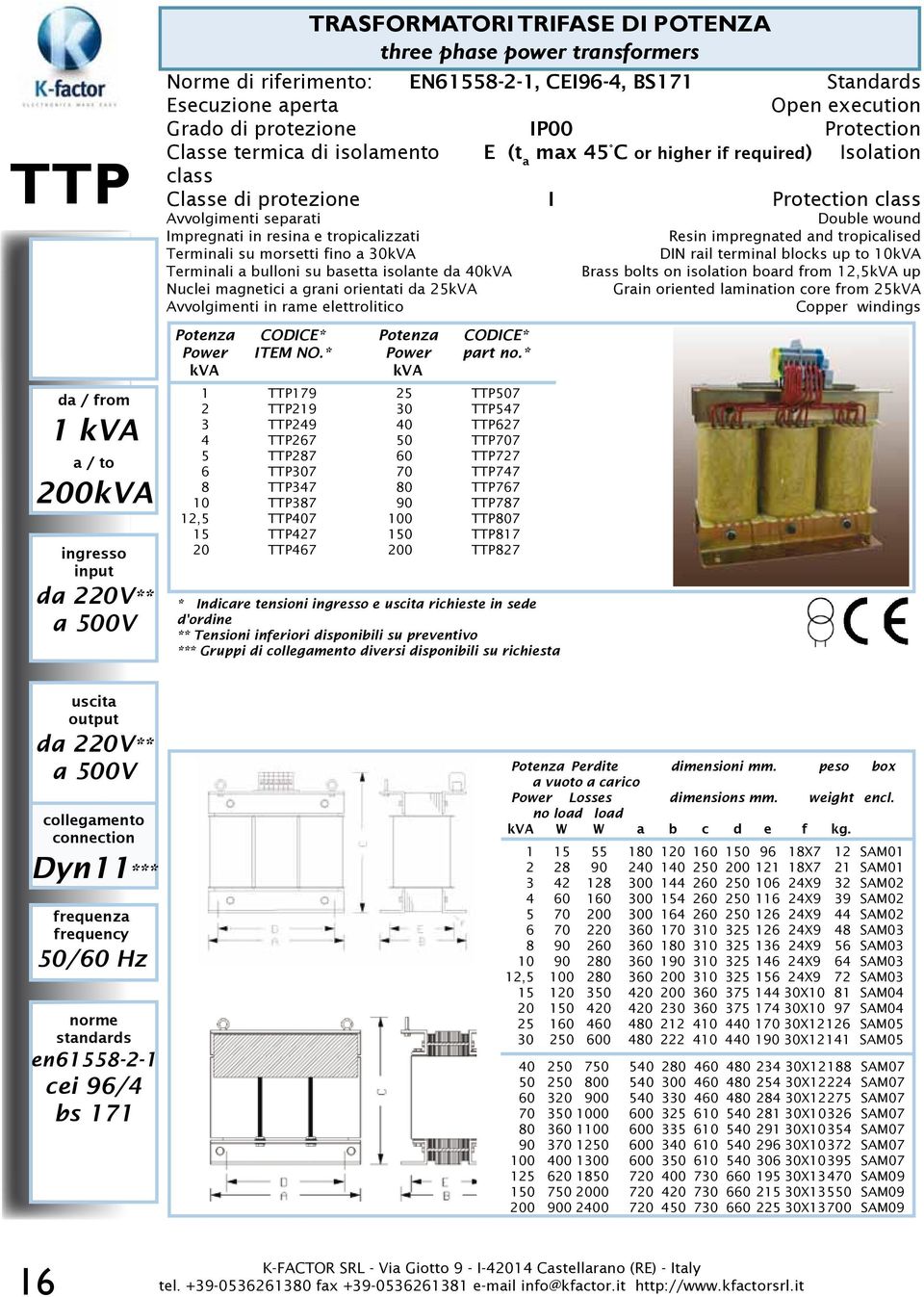 tropicalizzati Terminali su morsetti fino a 30kVA Terminali a bulloni su basetta isolante da 40kVA Nuclei magnetici a grani orientati da 25kVA Avvolgimenti in rame elettrolitico Potenza Power kva