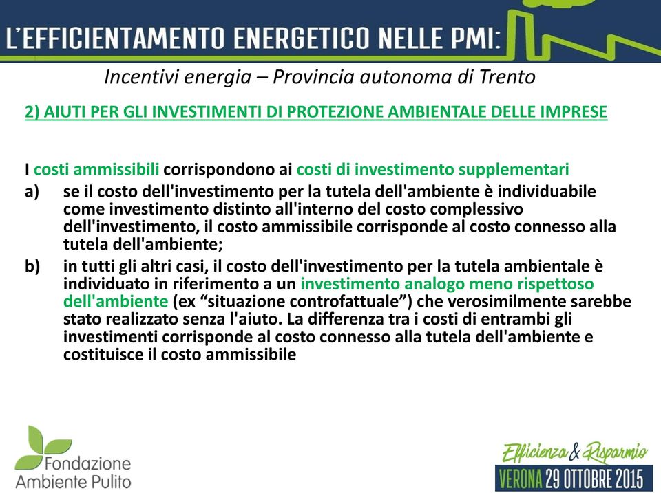 tutti gli altri casi, il costo dell'investimento per la tutela ambientale è individuato in riferimento a un investimento analogo meno rispettoso dell'ambiente (ex situazione controfattuale ) che