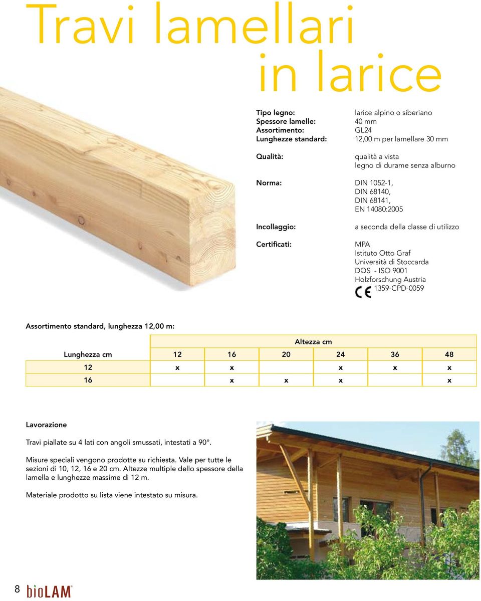 Holzforschung Austria 1359-CPD-0059 Assortimento standard, lunghezza 12,00 m: Altezza cm Lunghezza cm 12 16 20 24 36 48 12 x x x x x 16 x x x x Lavorazione Travi piallate su 4 lati con angoli