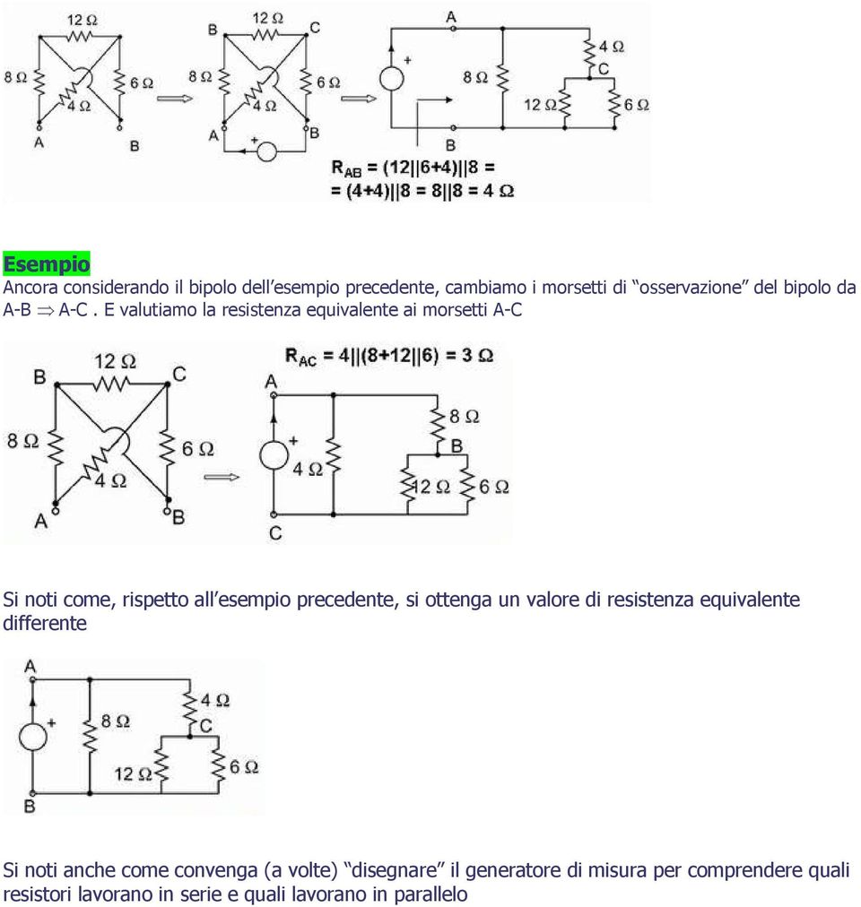 E valutiamo la resistenza equivalente ai morsetti A-C Si noti come, rispetto all esempio precedente, si