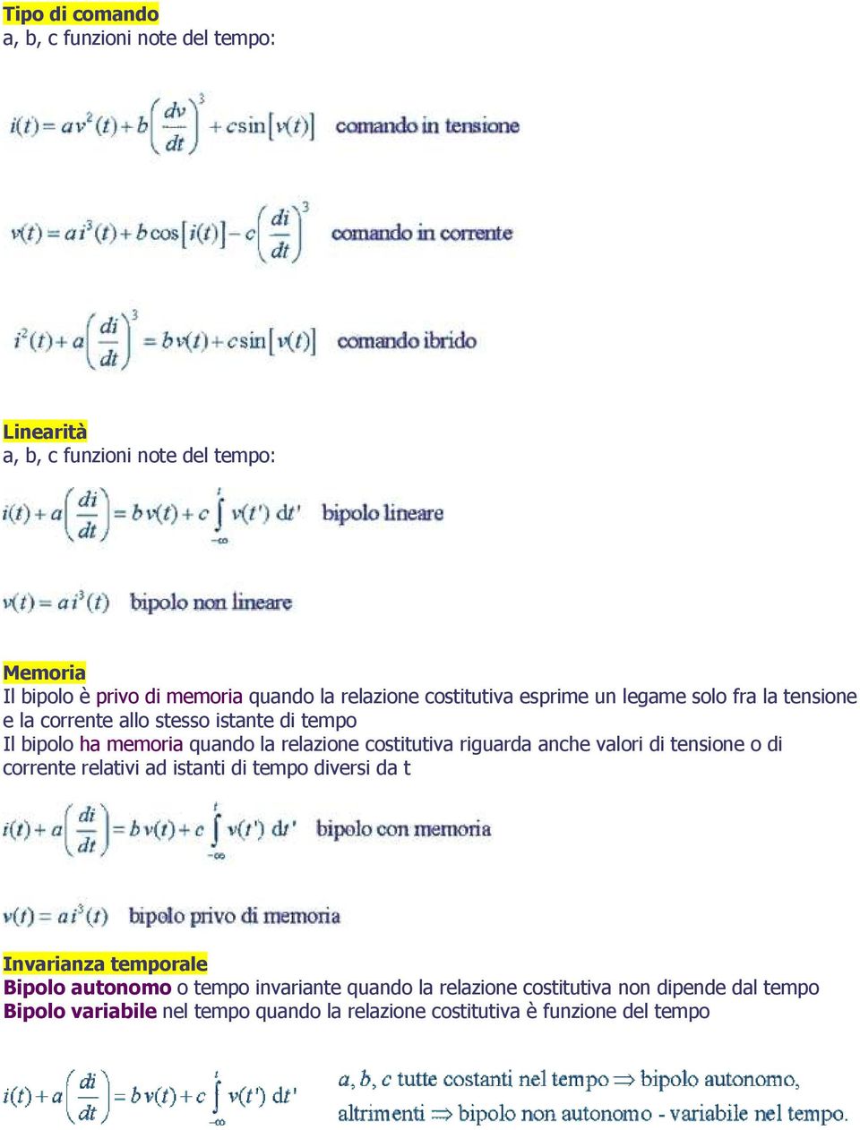 relazione costitutiva riguarda anche valori di tensione o di corrente relativi ad istanti di tempo diversi da t Invarianza temporale Bipolo