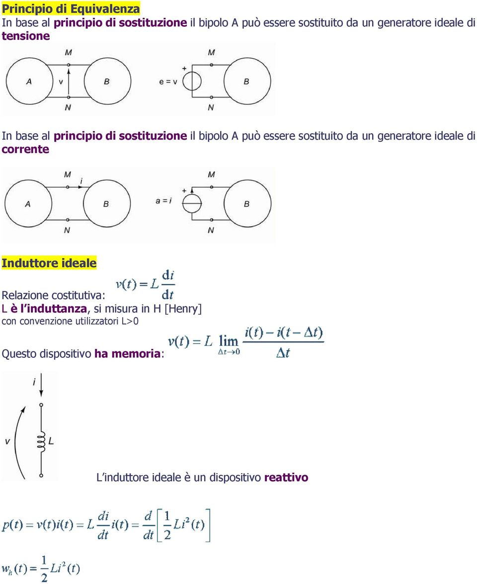 generatore ideale di corrente Induttore ideale Relazione costitutiva: L è l induttanza, si misura in H