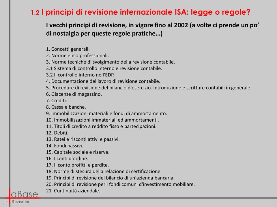 4. Documentazione del lavoro di revisione contabile. 5. Procedure di revisione del bilancio d'esercizio. Introduzione e scritture contabili in generale. 6. Giacenze di magazzino. 7. Crediti. 8.