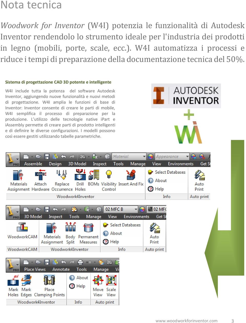 W4I amplia le funzioni di base di Inventor: Inventor consente di creare le parti di mobile, W4I semplifica il processo di preparazione per la produzione.