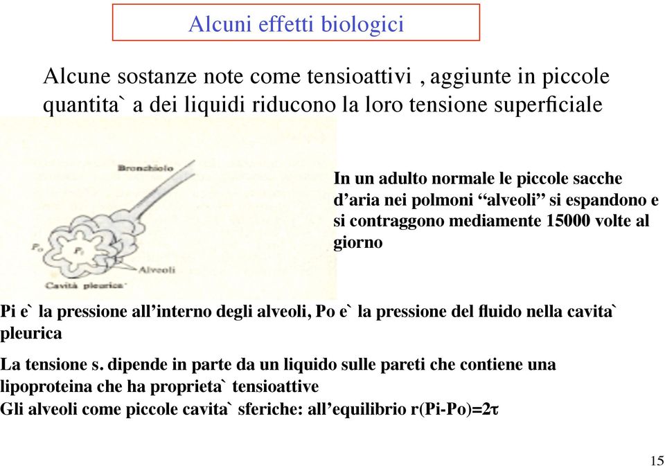 Pi e` la pressione all interno degli alveoli, Po e` la pressione del fluido nella cavita` pleurica La tensione s.