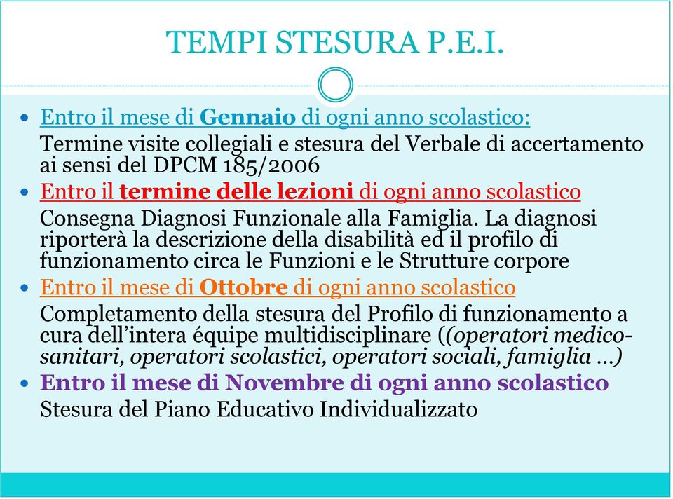 Entro il mese di Gennaio di ogni anno scolastico: Termine visite collegiali e stesura del Verbale di accertamento ai sensi del DPCM 185/2006 Entro il termine delle lezioni di