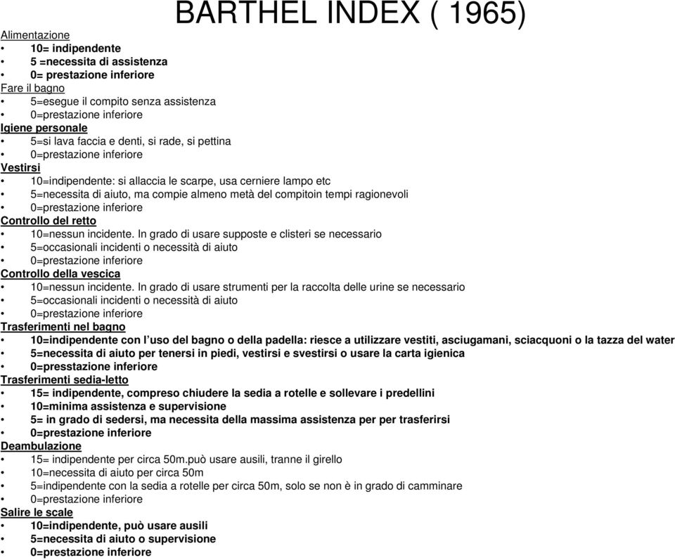 tempi ragionevoli 0=prestazione inferiore Controllo del retto 10=nessun incidente.