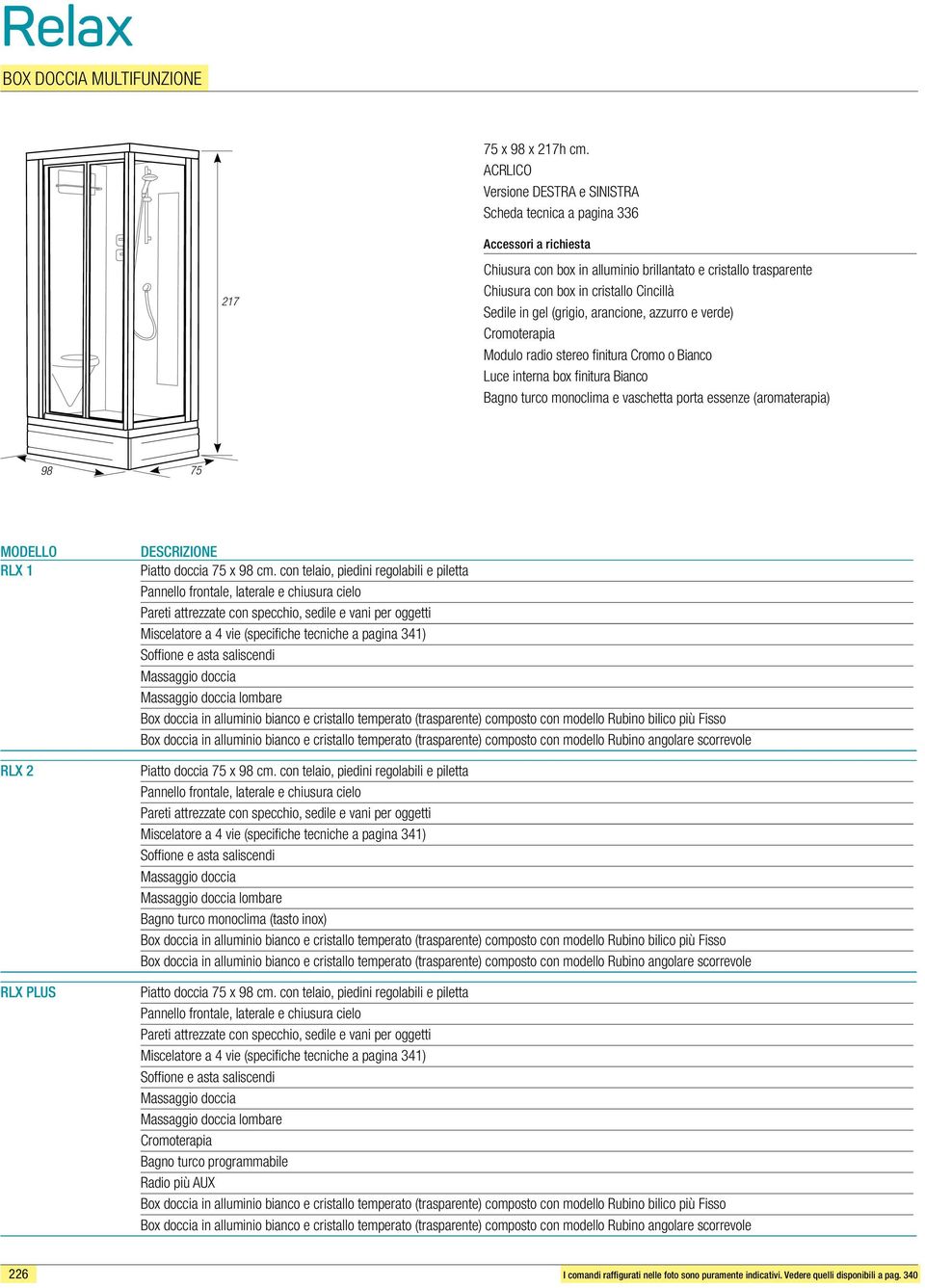 Sedile in gel (grigio, arancione, azzurro e verde) Cromoterapia Modulo radio stereo finitura Cromo o Bianco Luce interna box finitura Bianco Bagno turco monoclima e vaschetta porta essenze