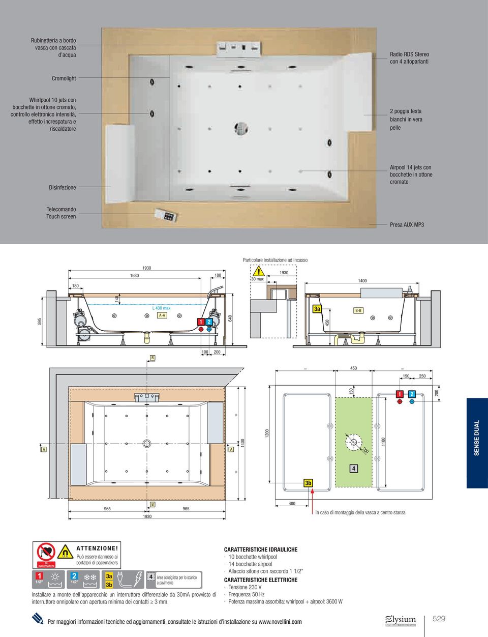 1930 180 30 max 1930 1400 595 140 L 430 max A-A 640 450 B-B B 100 200 = 450 = 150 250 = A A = 150 1400 200 1200 200 1100 SENSE DUAL B 965 965 1930 400 in caso di montaggio della vasca a centro stanza
