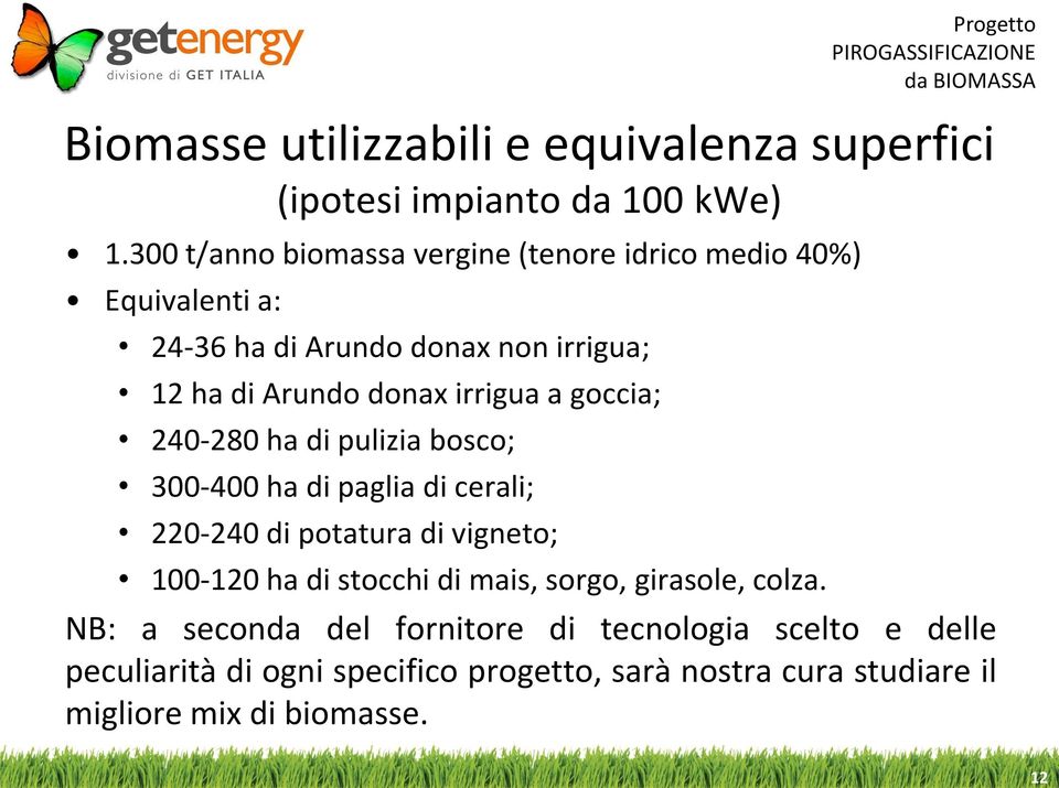 irrigua a goccia; 240-280 ha di pulizia bosco; 300-400 ha di paglia di cerali; 220-240 di potatura di vigneto; 100-120 ha di