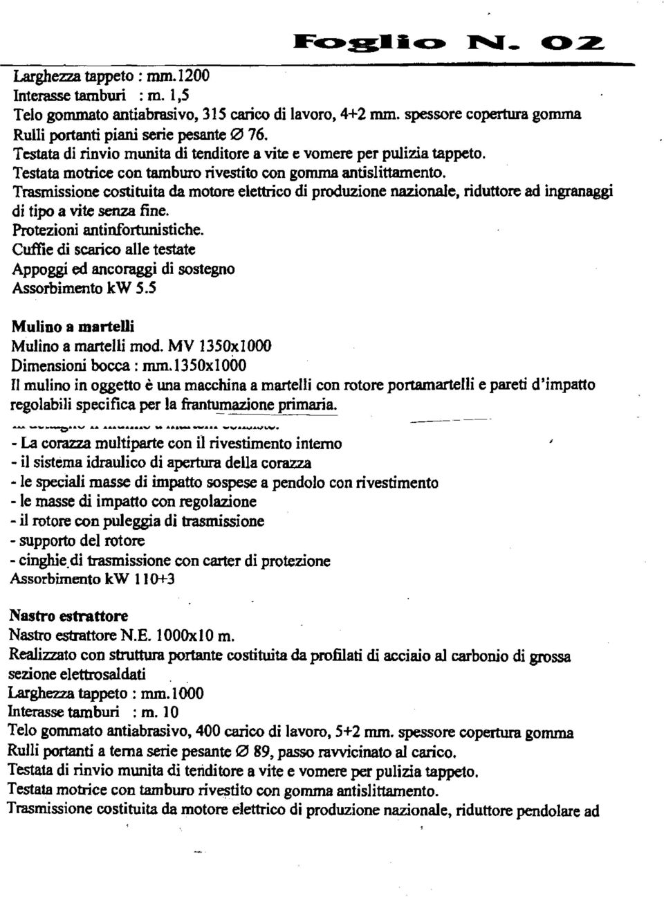 . Cuffie di scarico alle testate Appoggi ed ancoraggi di sostegno Assorbimento kw 5.5 Mulino a martelli Mulino a martelli mod. MV 1350x I 000 Dimensioni bocca: mm.l350x!