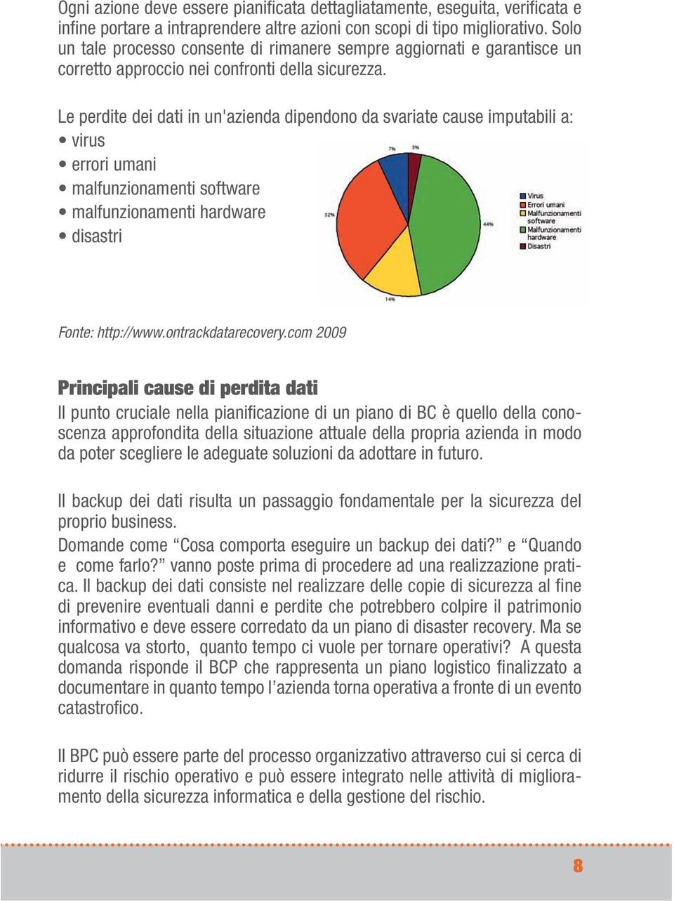 Le perdite dei dati in un'azienda dipendono da svariate cause imputabili a: virus errori umani malfunzionamenti software malfunzionamenti hardware disastri Fonte: http://www.ontrackdatarecovery.