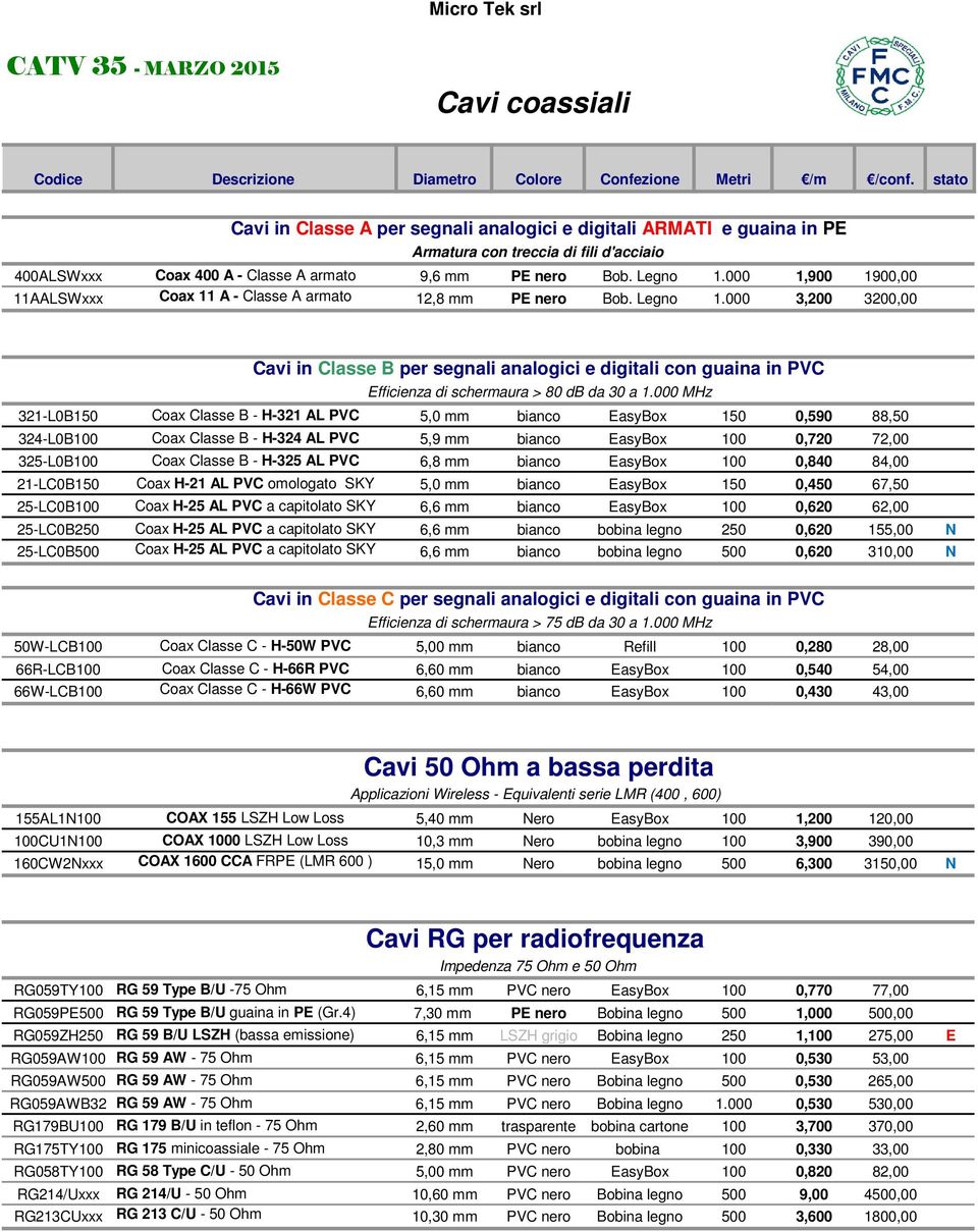 000 3,200 3200,00 Cavi in Classe B per segnali analogici e digitali con guaina in PVC Efficienza di schermaura > 80 db da 30 a 1.