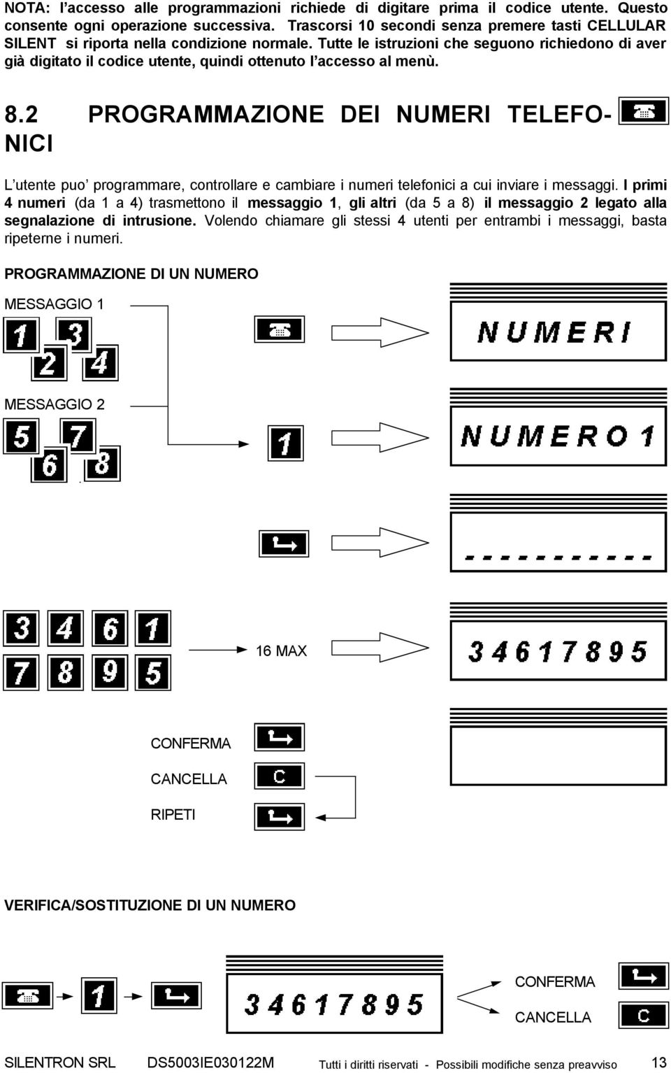 Tutte le istruzioni che seguono richiedono di aver già digitato il codice utente, quindi ottenuto l accesso al menù. 8.