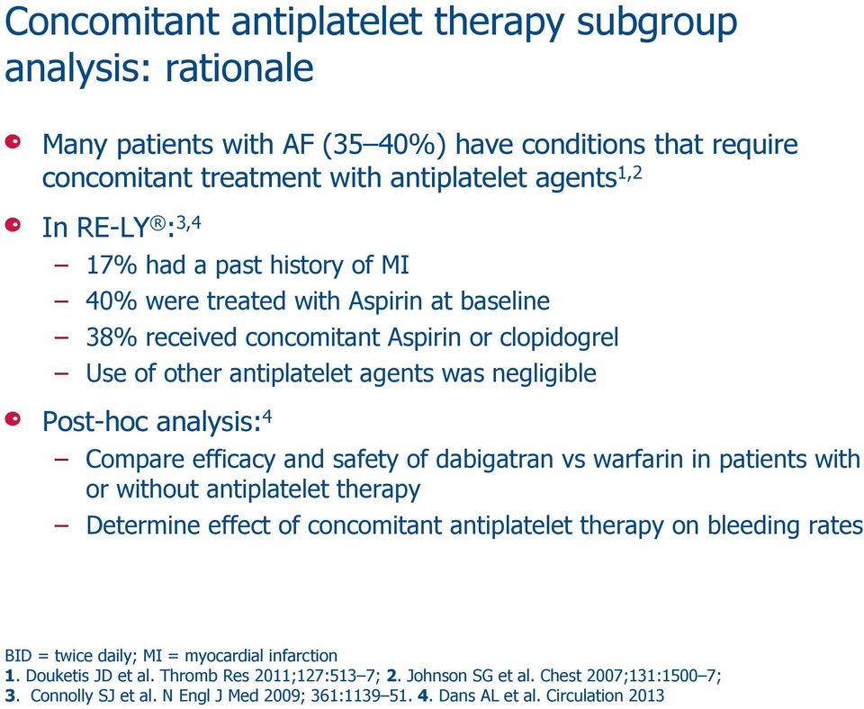 efficacy and safety of dabigatran vs warfarin in patients with or without antiplatelet therapy Determine effect of concomitant antiplatelet therapy on bleeding rates BID = twice daily; MI =