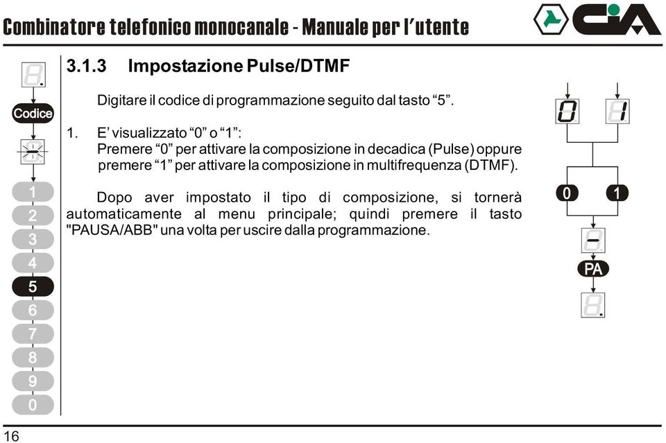 . E visualizzato o : Premere per attivare la composizione in decadica (Pulse) oppure premere per attivare la